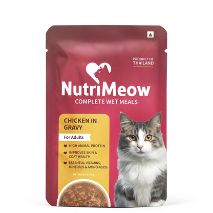 NutriMeow by HUFT Chicken in Gravy Wet Cat Food for Adult Cats - 80gm | Pack of 12 | Rich in Protein | Healthy, Nutritious & Delicious Cat Pouch | Complete Meal | Supports Active & Healthy Lifestyle NutriMeow