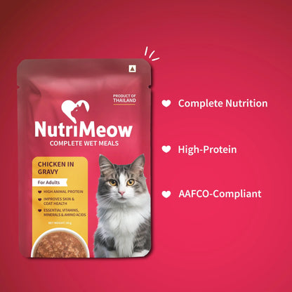 NutriMeow by HUFT Chicken in Gravy Wet Cat Food for Adult Cats - 80gm | Pack of 12 | Rich in Protein | Healthy, Nutritious & Delicious Cat Pouch | Complete Meal | Supports Active & Healthy Lifestyle NutriMeow