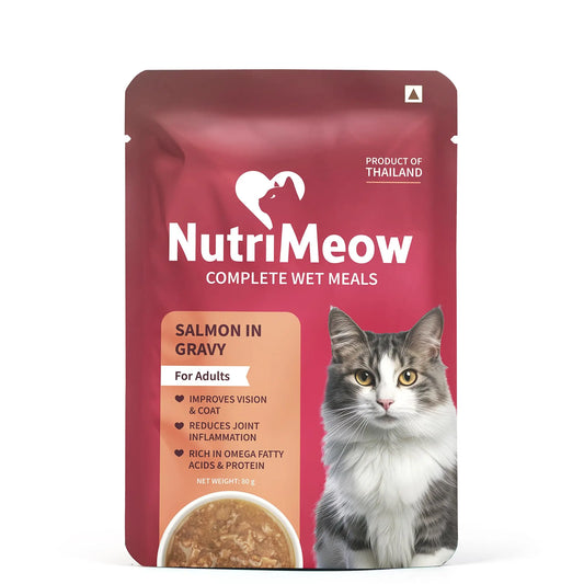 NutriMeow by HUFT Salmon in Gravy Adult Cat Wet Food - 80gm | Pack of 6 | Delicious & Healthy Cat Pouch | Protein-Packed, Nutritious & Balanced Meal | Suitable for Persian Cats & All Breeds NutriMeow
