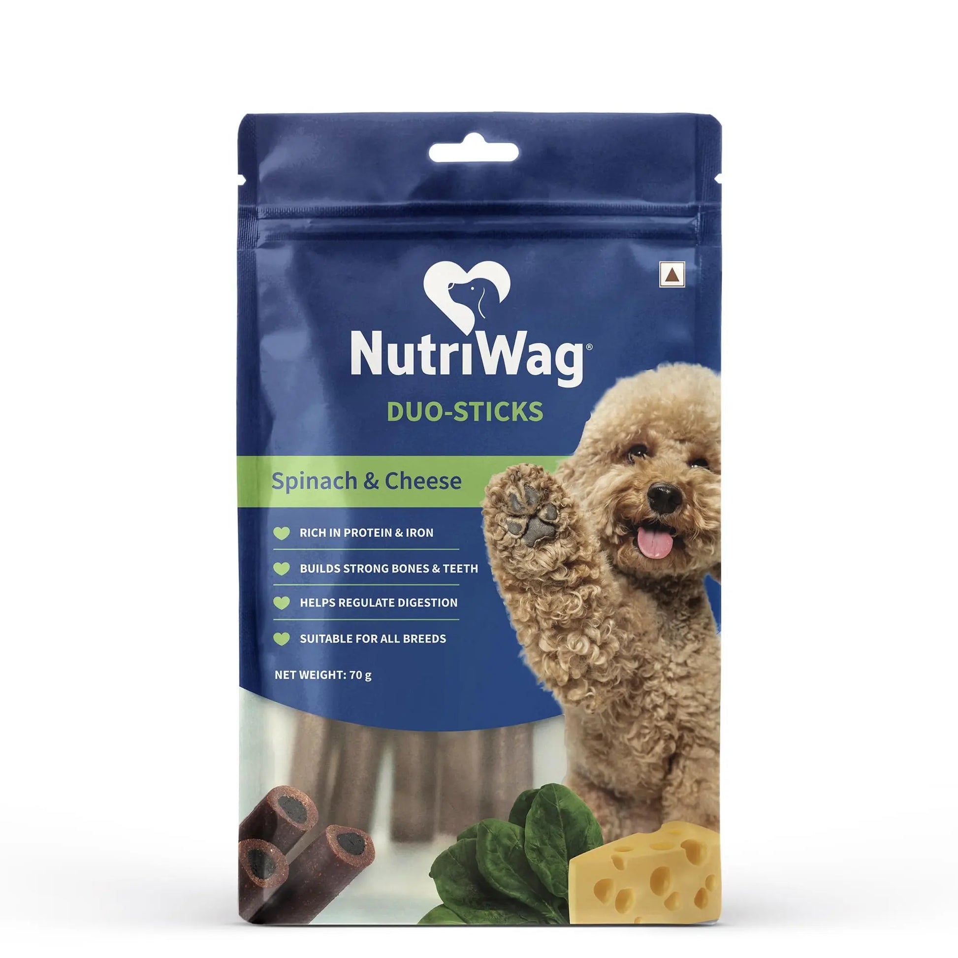 NutriWag Spinach & Cheese Duo Sticks Dog Treats – 70 gm | Pack of 5 | Nutrient-Rich Healthy Chews | Protein & Fiber-Rich | Ideal for All Breeds & Ages | No Artificial Additives NutriWag