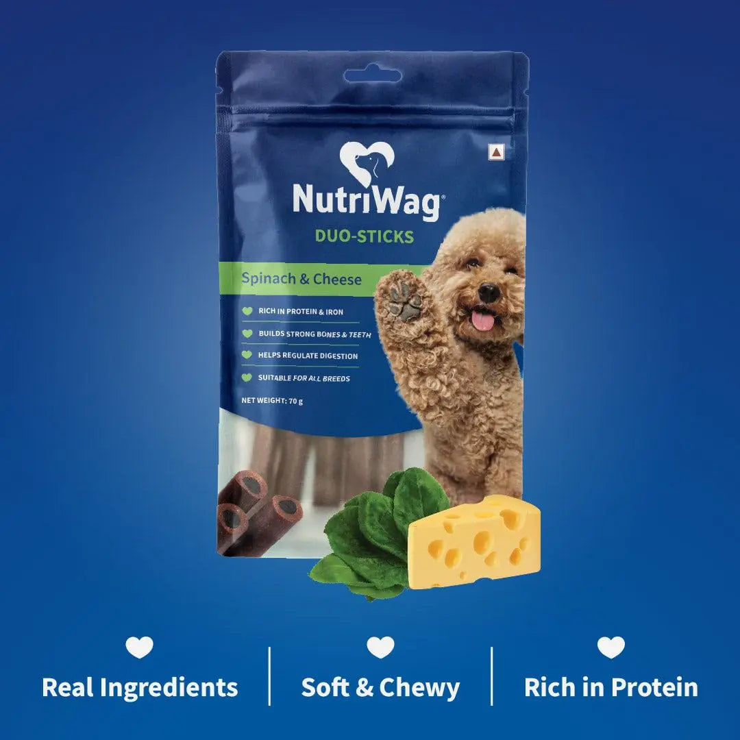 NutriWag Spinach & Cheese Duo Sticks Dog Treats – 70 gm | Pack of 5 | Nutrient-Rich Healthy Chews | Protein & Fiber-Rich | Ideal for All Breeds & Ages | No Artificial Additives NutriWag