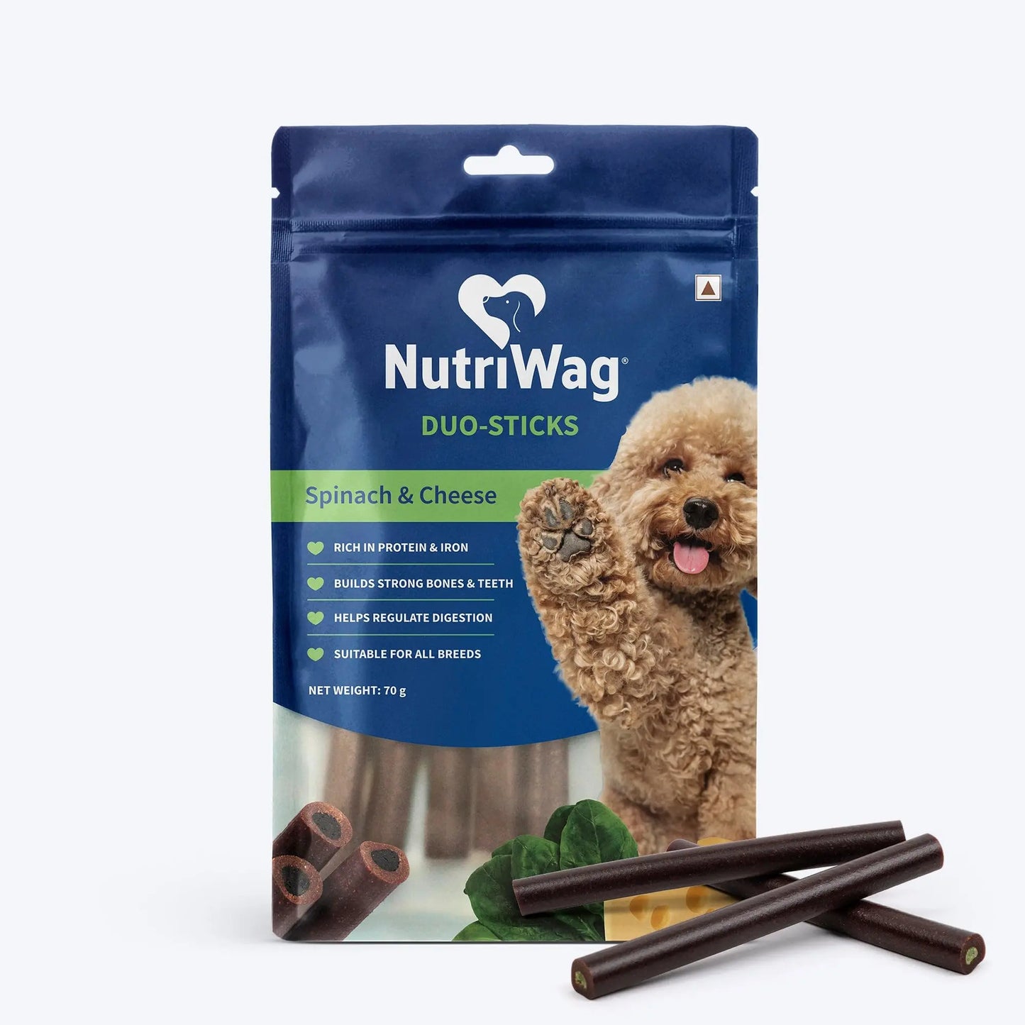 NutriWag Spinach & Cheese Duo Sticks Dog Treats – 70 gm | Pack of 5 | Nutrient-Rich Healthy Chews | Protein & Fiber-Rich | Ideal for All Breeds & Ages | No Artificial Additives NutriWag