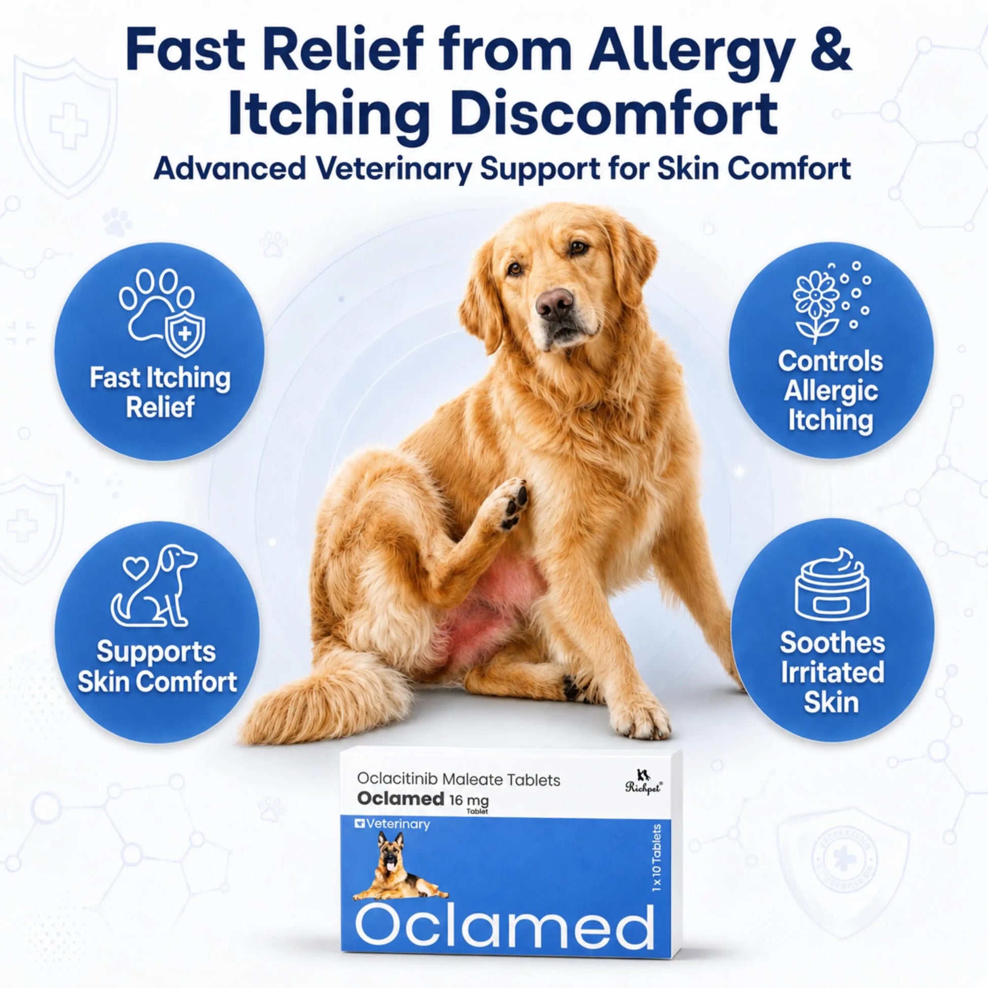 Oclamed Oclacitinib Maleate Tablets for Dogs (16 mg), Allergy and Itch Support Tablets for Skin Comfort, Strip of 10 Richpet