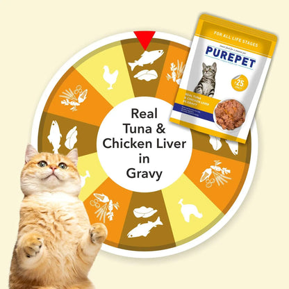 PUREPET All Life Stages Wet Cat Food, Real Tuna And Chicken Liver In Gravy, 15 Pouches (15 X 70G), 1 Count PUREPET