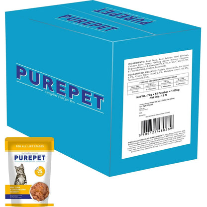 PUREPET All Life Stages Wet Cat Food, Real Tuna And Chicken Liver In Gravy, 15 Pouches (15 X 70G), 1 Count PUREPET