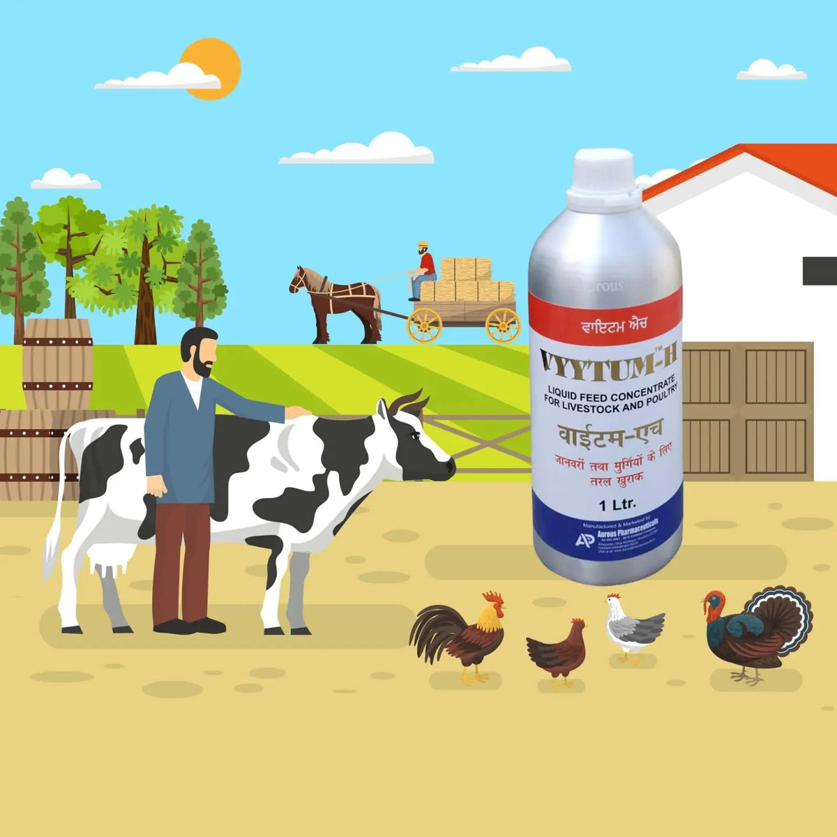Pharma Vyytum-H Veterinary Vitamin-H for Cow, Cattle, Poultry & Livestock Animals with Vitamin-D3 & E Liquid Feed Supplement for Cattle, Cow and Farm Animals / (1 Litre Pack) Pharma