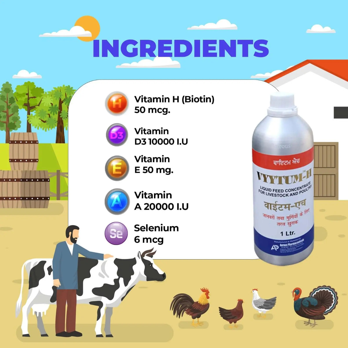 Pharma Vyytum-H Veterinary Vitamin-H for Cow, Cattle, Poultry & Livestock Animals with Vitamin-D3 & E Liquid Feed Supplement for Cattle, Cow and Farm Animals / (1 Litre Pack) Pharma