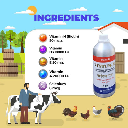Pharma Vyytum-H Veterinary Vitamin-H for Cow, Cattle, Poultry & Livestock Animals with Vitamin-D3 & E Liquid Feed Supplement for Cattle, Cow and Farm Animals / (1 Litre Pack) Pharma