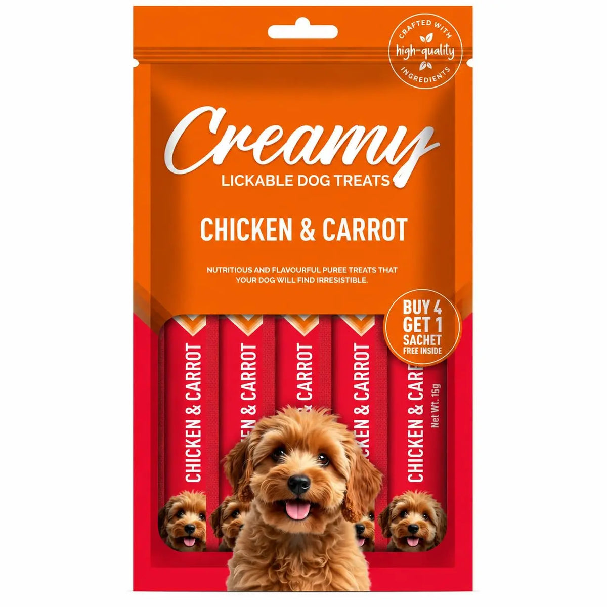 Puppy & Adult Dog Treats Creamy 5 Sticks Tasty & Nutritious Snack for All Breeds (15g x5) 75g | Strawberry Flavour | Ideal for Training | Supports Hydration | Boost Muscle Health (Chicken and Carrot) HAUSTIER KUMPEL