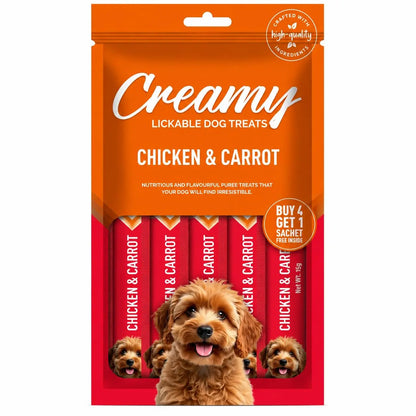 Puppy & Adult Dog Treats Creamy 5 Sticks Tasty & Nutritious Snack for All Breeds (15g x5) 75g | Strawberry Flavour | Ideal for Training | Supports Hydration | Boost Muscle Health (Chicken and Carrot) HAUSTIER KUMPEL