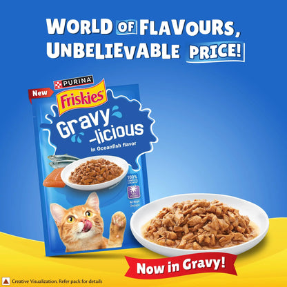 Purina Friskies Gravy-Licious Cat Food in Ocean Fish Flavour, Wet Cat Food, Balanced Nutrition, Pack of 12, (70g x 12), 840g PURINA