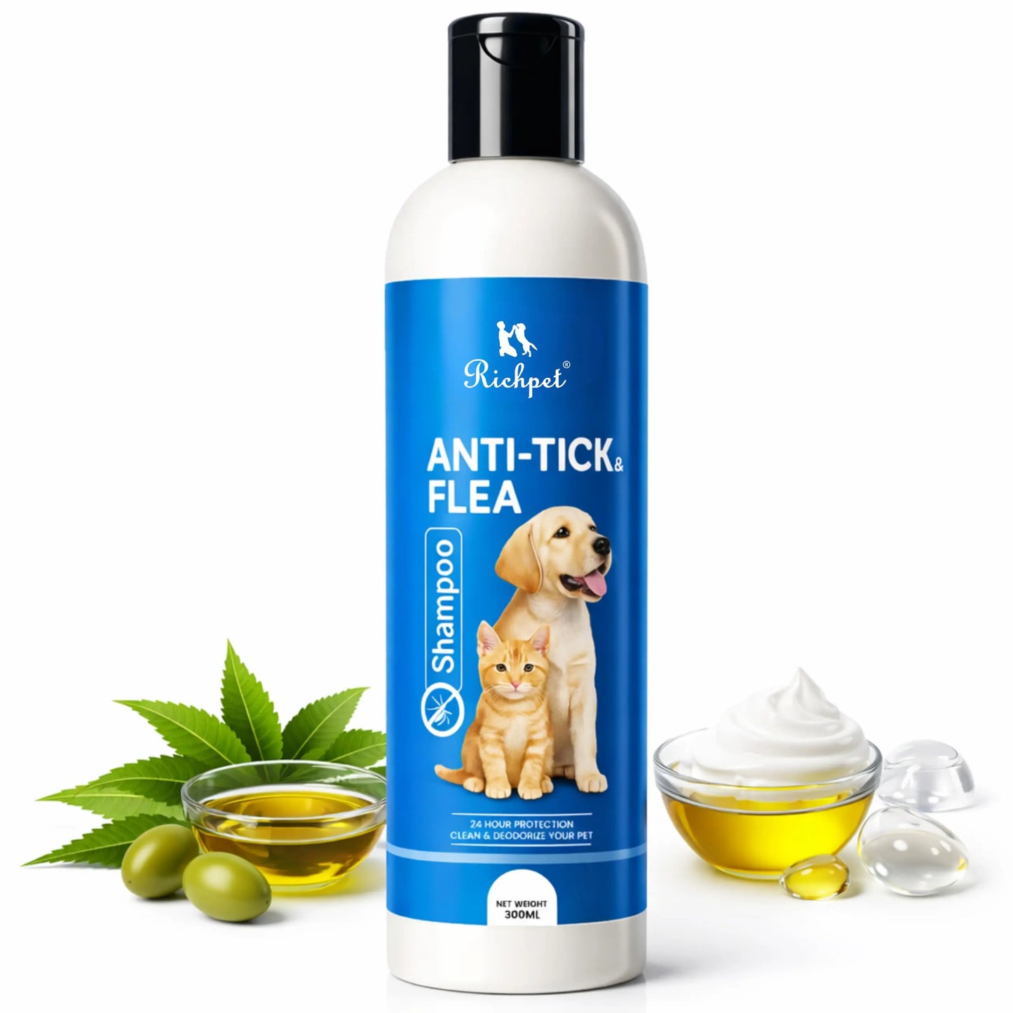 Richpet Anti Tick Flea Shampoo for Dogs and Cats (300ml), Neem Herbal Pet Shampoo for Itching and Skin Care Richpet