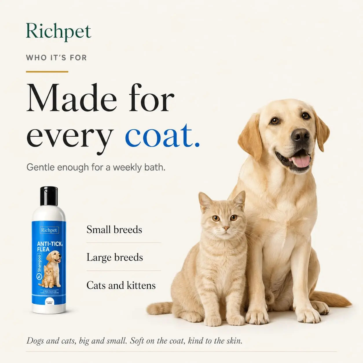Richpet Anti Tick Flea Shampoo for Dogs and Cats (300ml), Neem Herbal Pet Shampoo for Itching and Skin Care Richpet