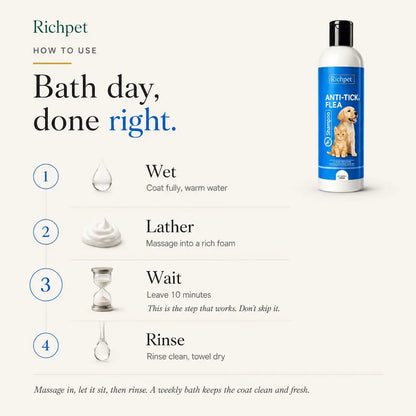 Richpet Anti Tick Flea Shampoo for Dogs and Cats (300ml), Neem Herbal Pet Shampoo for Itching and Skin Care Richpet
