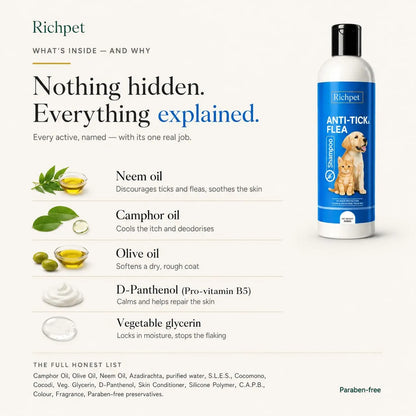 Richpet Anti Tick Flea Shampoo for Dogs and Cats (300ml), Neem Herbal Pet Shampoo for Itching and Skin Care Richpet