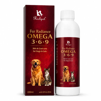 Richpet Fur Radiance Omega 369 for Dogs & Cats (220 ml), Dog Skin and Coat Supplement with EPA DHA, Omega 3 6 9 Liquid Formula, Vitamins, Biotin & Zinc for Healthy Skin, Shiny Coat & Reduced Shedding Richpet