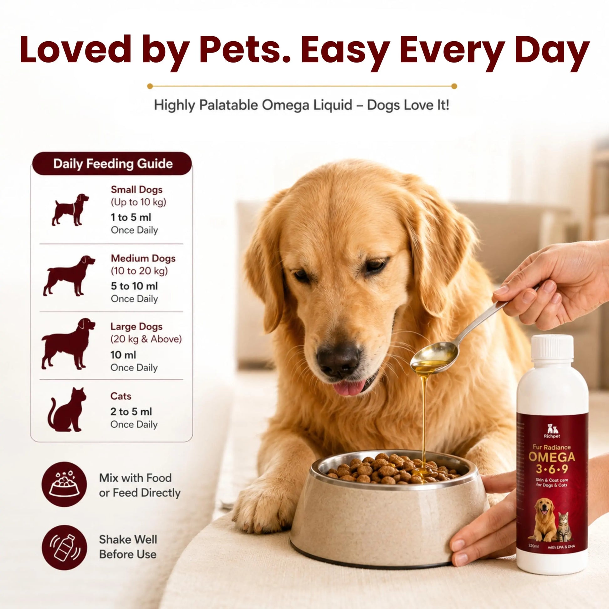 Richpet Fur Radiance Omega 369 for Dogs & Cats (220 ml), Dog Skin and Coat Supplement with EPA DHA, Omega 3 6 9 Liquid Formula, Vitamins, Biotin & Zinc for Healthy Skin, Shiny Coat & Reduced Shedding Richpet