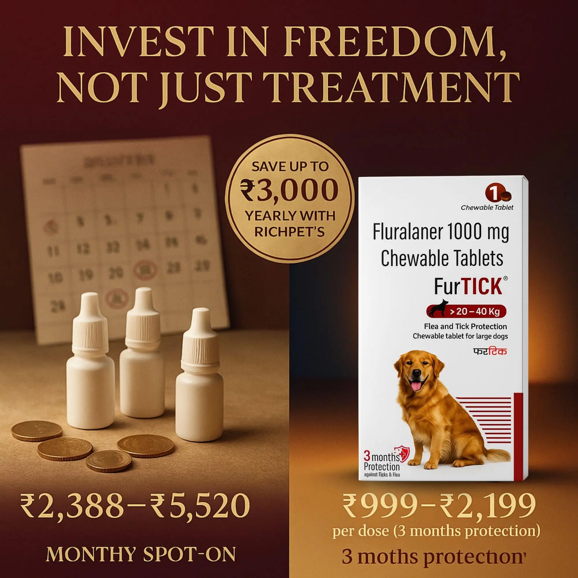 Richpet Furtick Fluralaner 1000mg Flea & Tick Tablet for Dogs 20-40kg, 3 Month Protection Against Fleas, Ticks & Mites Richpet