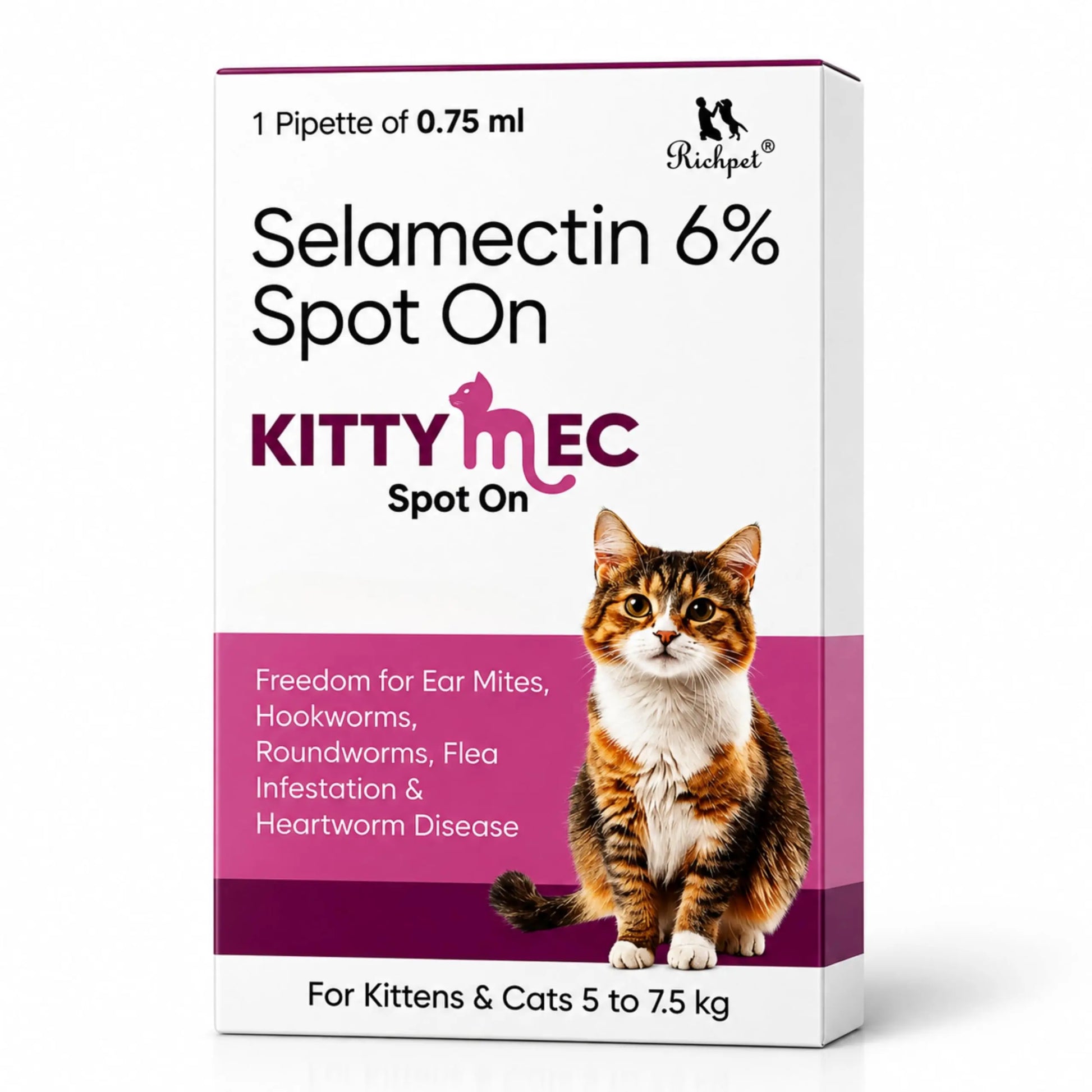 Richpet KittyMec Selamectin 6% Spot On for Cats & Kittens (5 to 7.5 kg) | Advanced Flea, Tick, Ear Mite, Hookworm & Roundworm Protection | Waterproof Formula, (1 Month Supply) Richpet