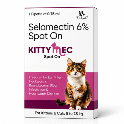 Richpet KittyMec Selamectin 6% Spot On for Cats & Kittens (5 to 7.5 kg) | Advanced Flea, Tick, Ear Mite, Hookworm & Roundworm Protection | Waterproof Formula, (1 Month Supply) Richpet