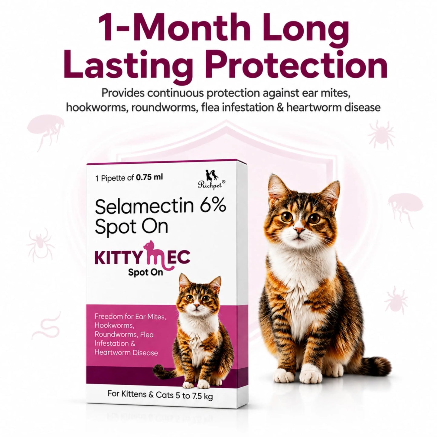 Richpet KittyMec Selamectin 6% Spot On for Cats & Kittens (5 to 7.5 kg) | Advanced Flea, Tick, Ear Mite, Hookworm & Roundworm Protection | Waterproof Formula, (1 Month Supply) Richpet