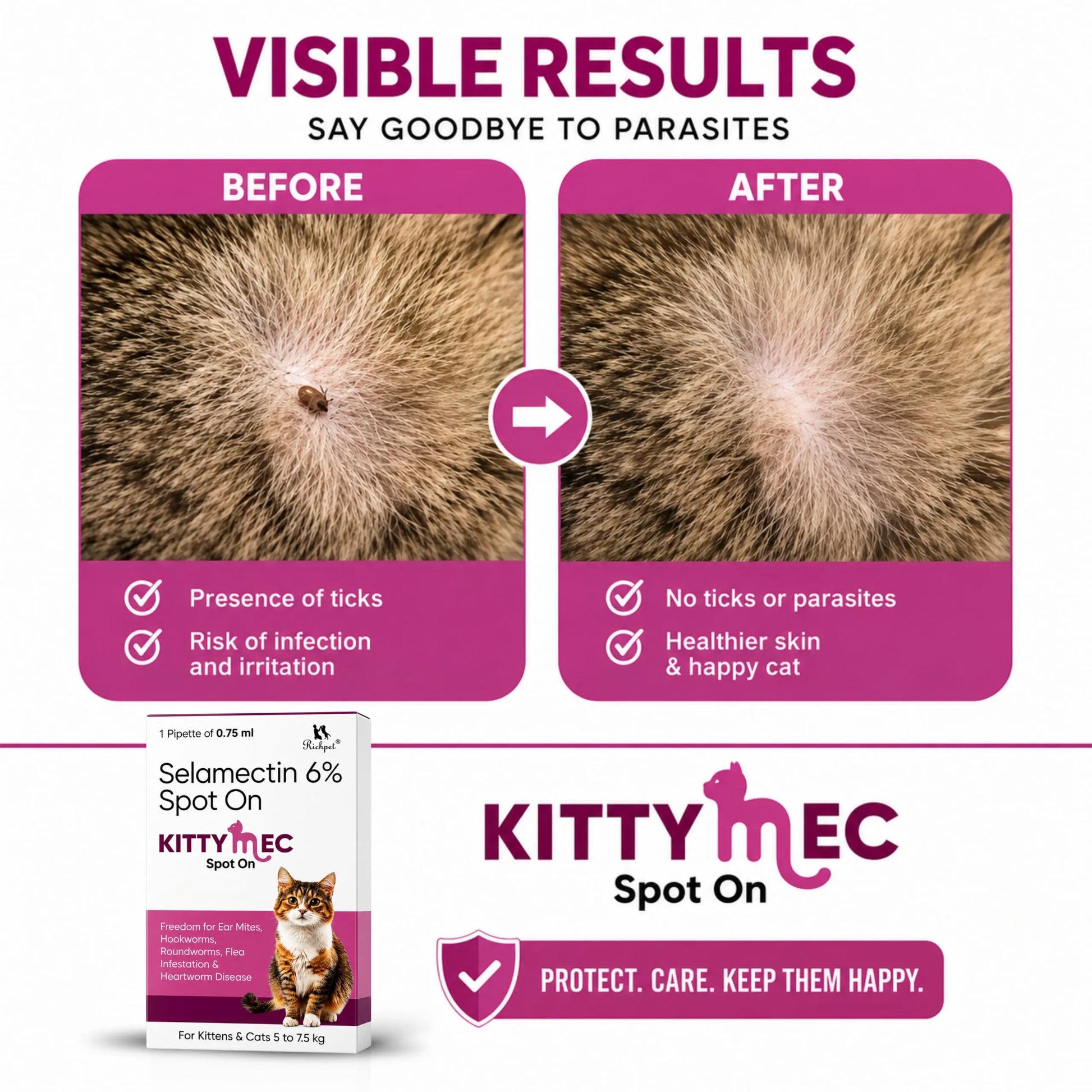 Richpet KittyMec Selamectin 6% Spot On for Cats & Kittens (5 to 7.5 kg) | Advanced Flea, Tick, Ear Mite, Hookworm & Roundworm Protection | Waterproof Formula, (1 Month Supply) Richpet