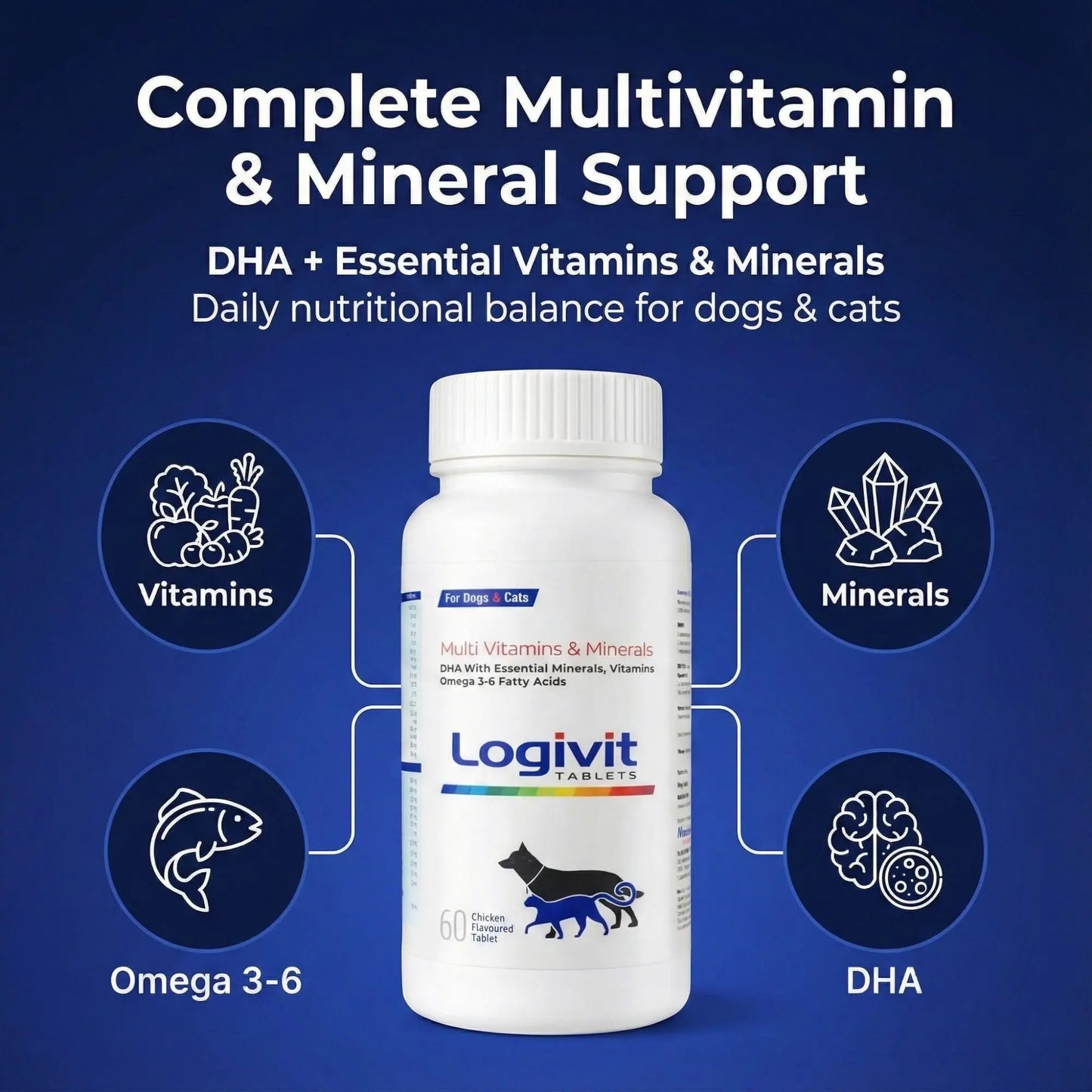 Richpet Logivit Dog Multivitamin Tablets with Chicken Flavour (60-Tablets), Daily Health Supplement for Dogs & Cats with Vitamins, Minerals and Omega 3‑6 Richpet
