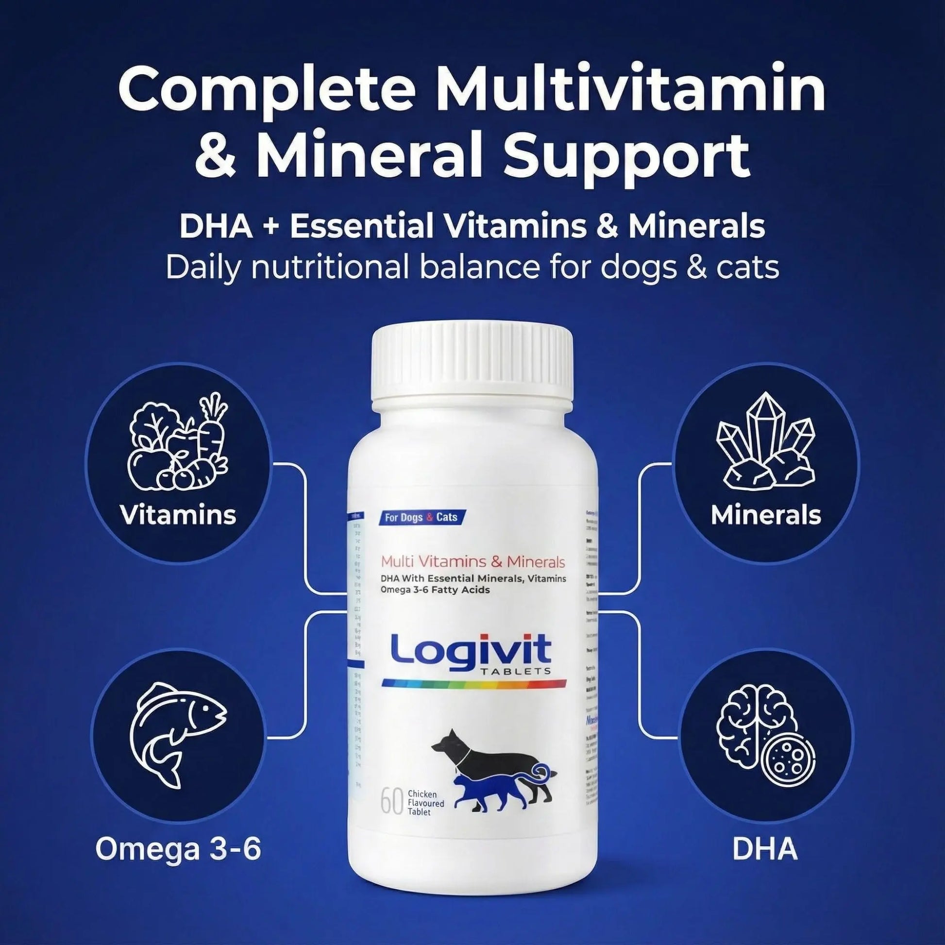 Richpet Logivit Dog Multivitamin Tablets with Chicken Flavour (60-Tablets), Daily Health Supplement for Dogs & Cats with Vitamins, Minerals and Omega 3‑6 Richpet