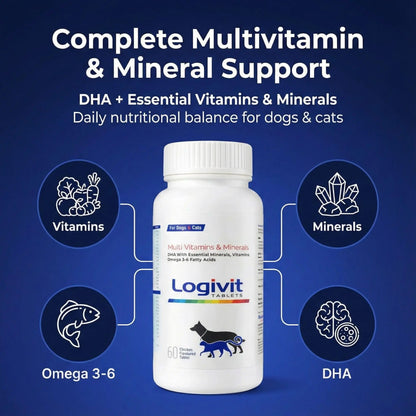 Richpet Logivit Dog Multivitamin Tablets with Chicken Flavour (60-Tablets), Daily Health Supplement for Dogs & Cats with Vitamins, Minerals and Omega 3‑6 Richpet