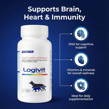 Richpet Logivit Dog Multivitamin Tablets with Chicken Flavour (60-Tablets), Daily Health Supplement for Dogs & Cats with Vitamins, Minerals and Omega 3‑6 Richpet