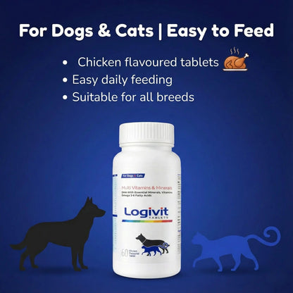 Richpet Logivit Dog Multivitamin Tablets with Chicken Flavour (60-Tablets), Daily Health Supplement for Dogs & Cats with Vitamins, Minerals and Omega 3‑6 Richpet