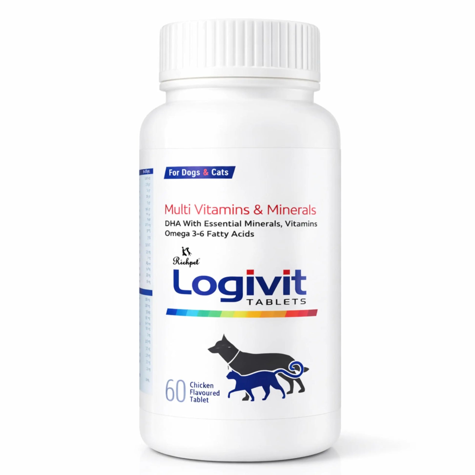 Richpet Logivit Dog Multivitamin Tablets with Chicken Flavour (60-Tablets), Daily Health Supplement for Dogs & Cats with Vitamins, Minerals and Omega 3‑6 Richpet