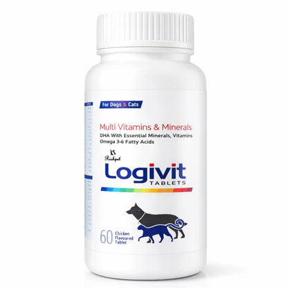 Richpet Logivit Dog Multivitamin Tablets with Chicken Flavour (60-Tablets), Daily Health Supplement for Dogs & Cats with Vitamins, Minerals and Omega 3‑6 Richpet
