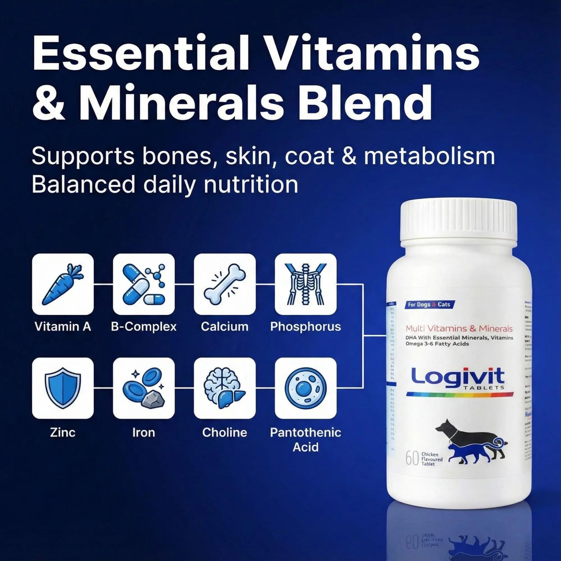 Richpet Logivit Dog Multivitamin Tablets with Chicken Flavour (60-Tablets), Daily Health Supplement for Dogs & Cats with Vitamins, Minerals and Omega 3‑6 Richpet