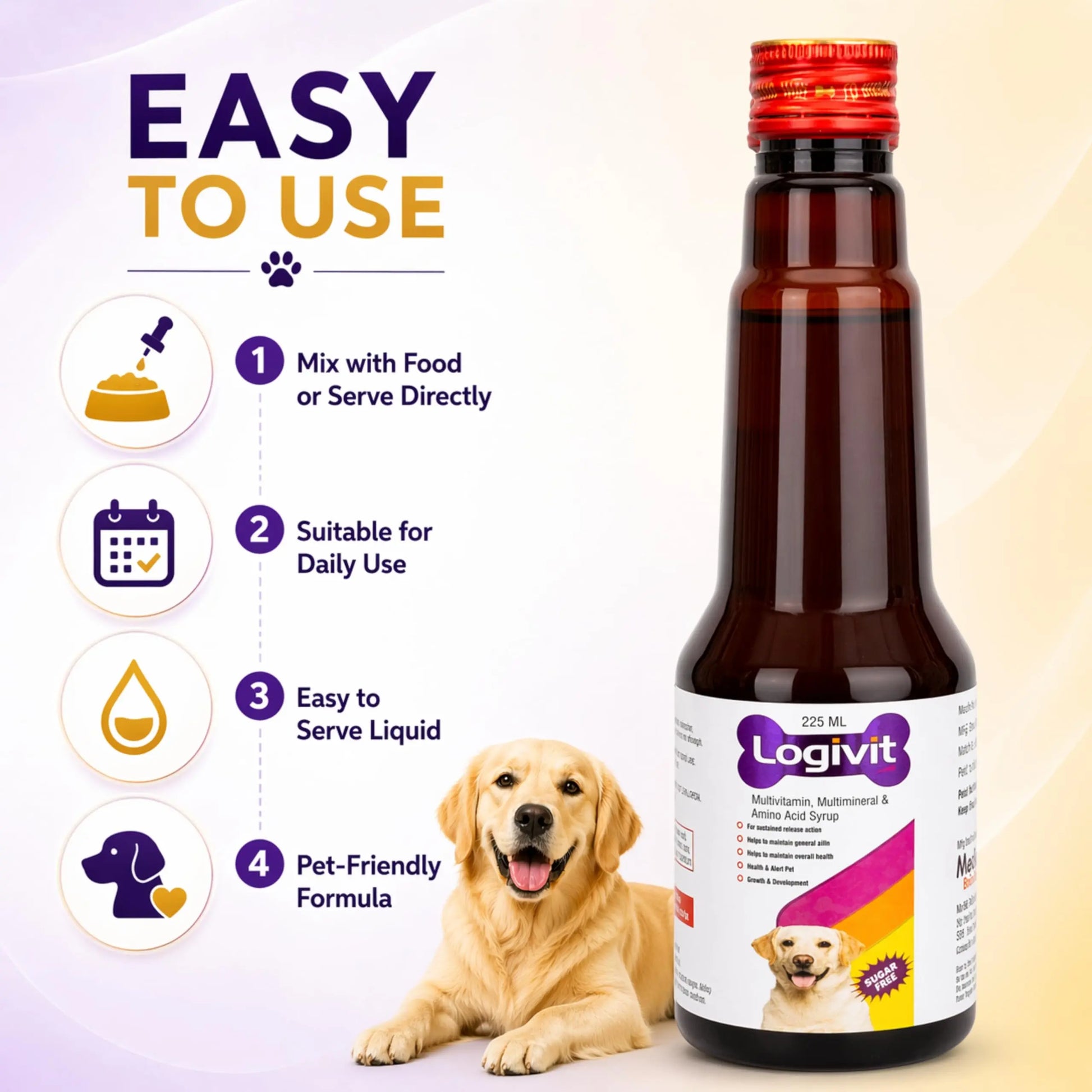 Richpet Logivit Multivitamin Syrup for Dogs & Cats | Daily Health Tonic for Immunity, Energy & Growth | Supports Skin & Coat | Vitamin, Mineral & Amino Acid Supplement - 225ml Richpet