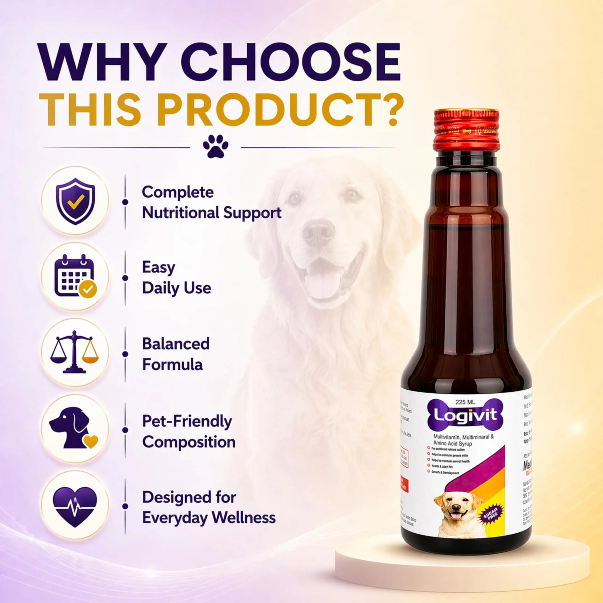 Richpet Logivit Multivitamin Syrup for Dogs & Cats | Daily Health Tonic for Immunity, Energy & Growth | Supports Skin & Coat | Vitamin, Mineral & Amino Acid Supplement - 225ml Richpet