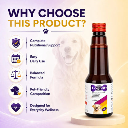 Richpet Logivit Multivitamin Syrup for Dogs & Cats | Daily Health Tonic for Immunity, Energy & Growth | Supports Skin & Coat | Vitamin, Mineral & Amino Acid Supplement - 225ml Richpet