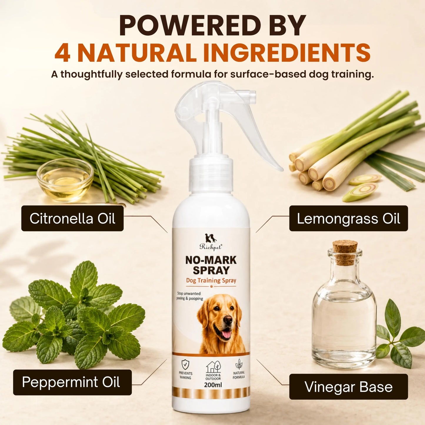 Richpet No-Mark Dog Repellent Spray Outdoors & Indoors – Natural Pee & Poop Deterrent for Dogs, Stops Marking on Gates, Walls & Plants, Citronella Peppermint, 200ml Dog Repellent Richpet