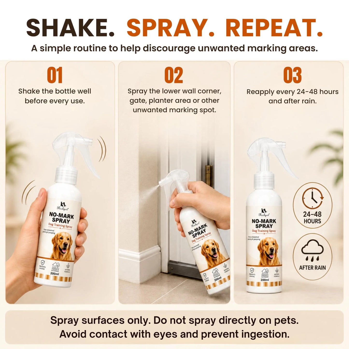 Richpet No-Mark Dog Repellent Spray Outdoors & Indoors – Natural Pee & Poop Deterrent for Dogs, Stops Marking on Gates, Walls & Plants, Citronella Peppermint, 200ml Dog Repellent Richpet