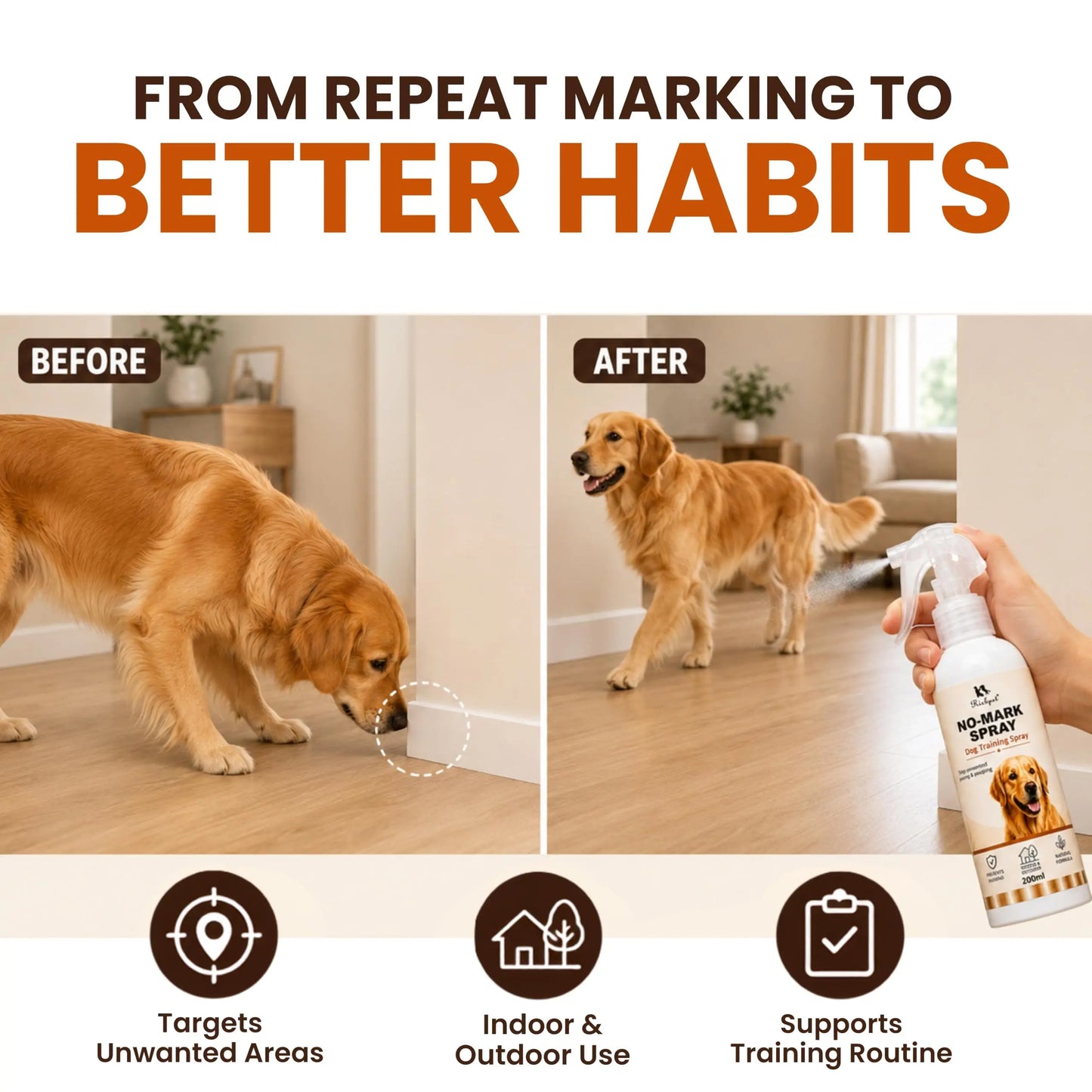 Richpet No-Mark Dog Repellent Spray Outdoors & Indoors – Natural Pee & Poop Deterrent for Dogs, Stops Marking on Gates, Walls & Plants, Citronella Peppermint, 200ml Dog Repellent Richpet