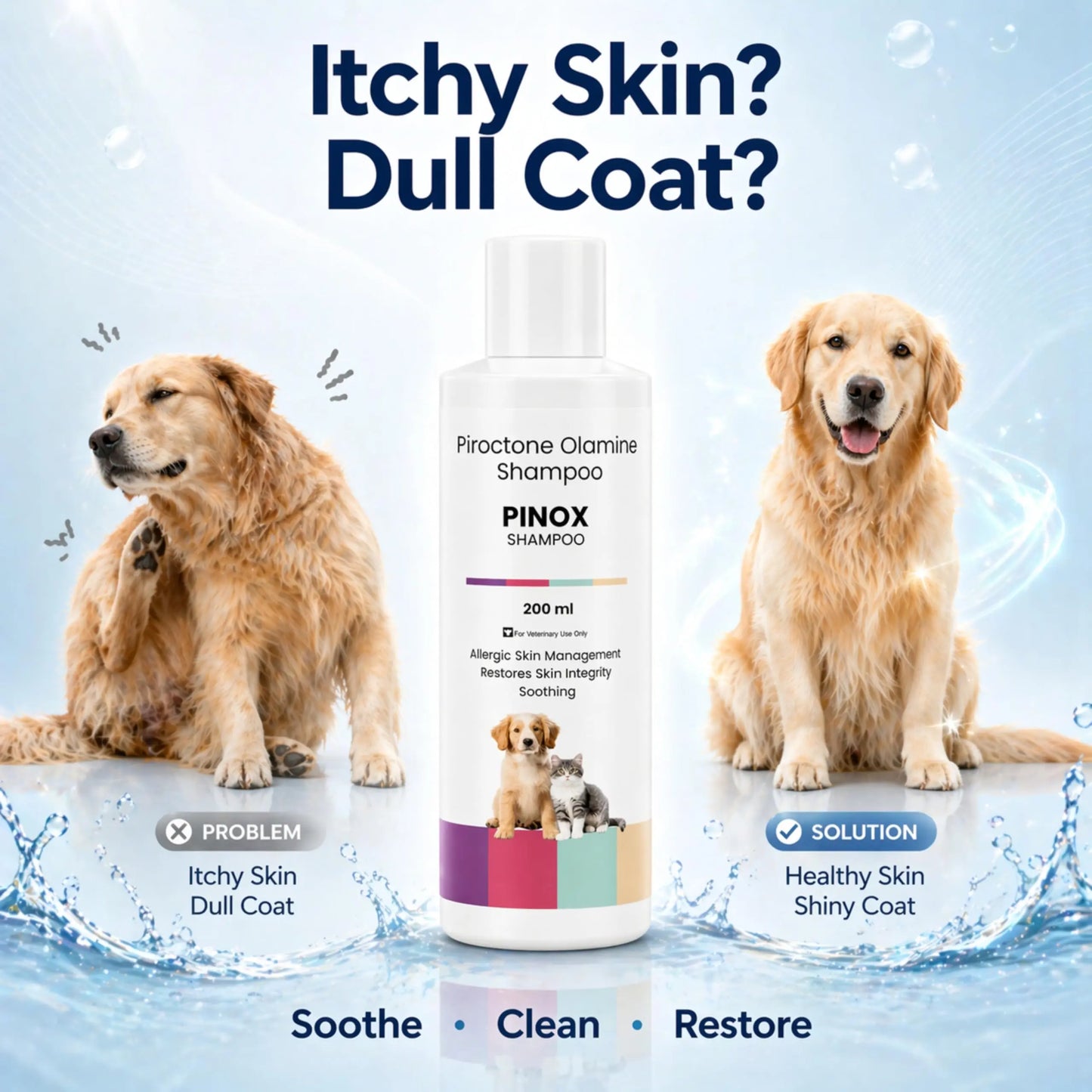 Richpet Pinox Shampoo for Dogs & Cats 200ml | Piroctone Olamine Formula for Itchy Skin Care & Coat Hygiene | Soothing Pet Cleanser for Sensitive Skin & Daily Grooming Richpet