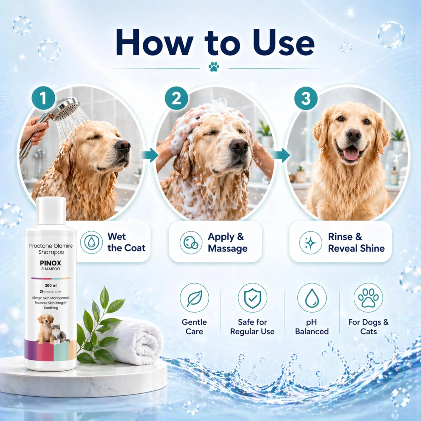 Richpet Pinox Shampoo for Dogs & Cats 200ml | Piroctone Olamine Formula for Itchy Skin Care & Coat Hygiene | Soothing Pet Cleanser for Sensitive Skin & Daily Grooming Richpet