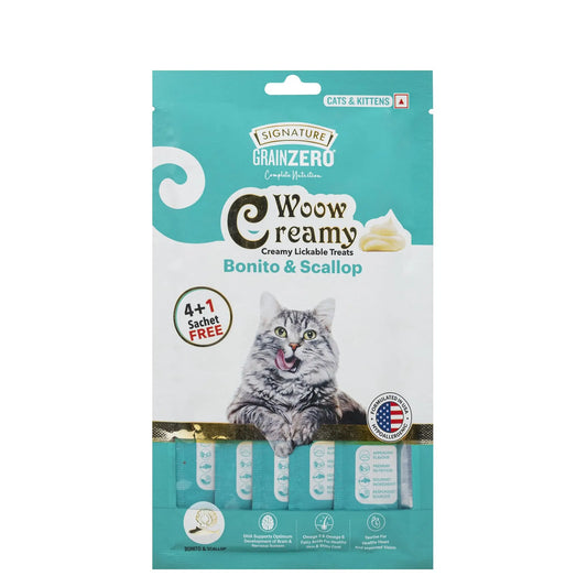 Signature Grain Zero Woow Creamy Bonito & Scallop Cat & Kitten Lickable Treats - 75 gm - 4 Sachet + 1 Free Grain Zero