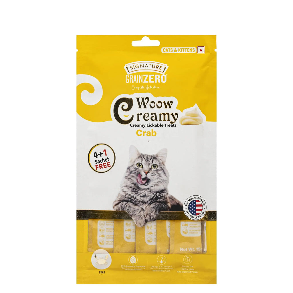 Signature Grain Zero Woow Creamy Crab Cat & Kitten Lickable Treats - 75 gm - 4 Sachet + 1 Free Grain Zero