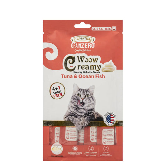Signature Grain Zero Woow Creamy Tuna & Ocean Fish Cat & Kitten Lickable Treats - 75 gm - 4 Sachet + 1 Free Grain Zero