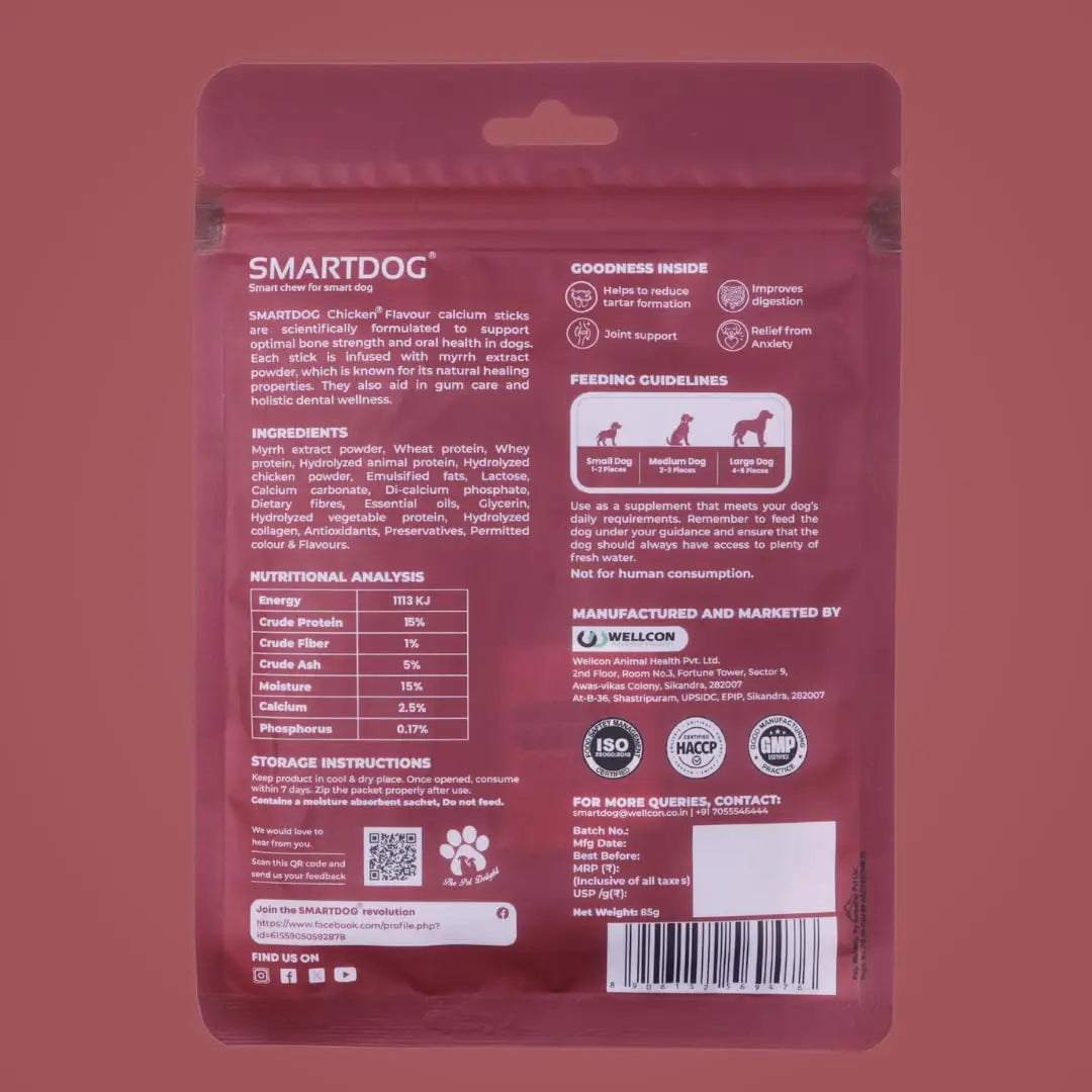 Smartdog CalciumStix for Dogs, Chicken Flavour | Calcium-Rich Soft Chew Sticks for Strong Bones & Teeth | Healthy Dog Treat | All Breeds | 85 g SMARTDOG