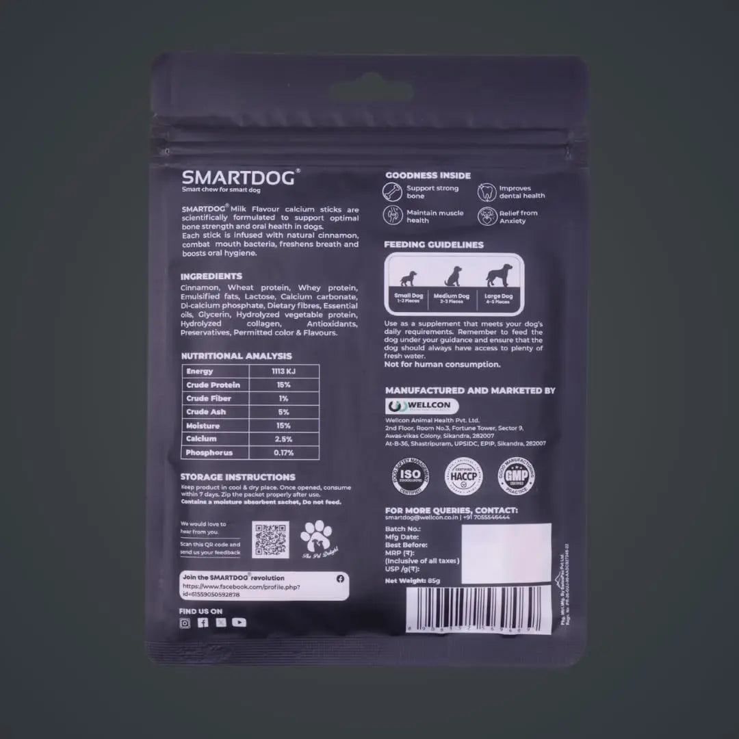 Smartdog CalciumStix for Dogs, Milk Flavour | Calcium-Rich Soft Chew Sticks for Strong Bones & Teeth | Healthy Dog Treat | All Breeds | 85 g SMARTDOG
