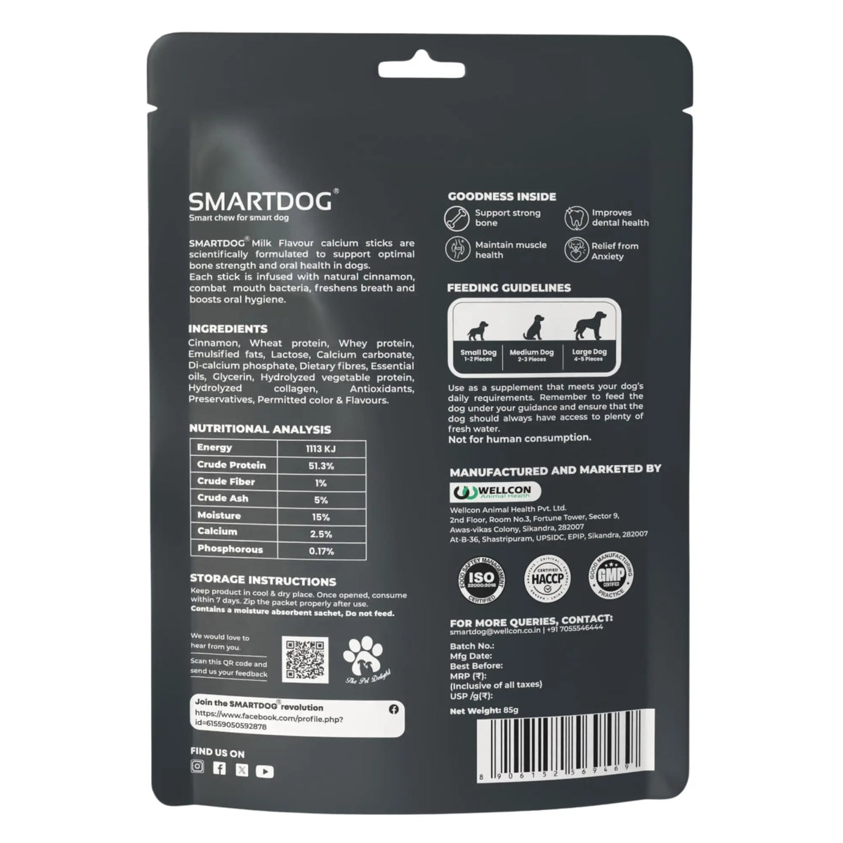 Smartdog CalciumStix for Dogs, Milk Flavour | Calcium-Rich Soft Chew Sticks for Strong Bones & Teeth | Healthy Dog Treat | All Breeds | 85 g SMARTDOG