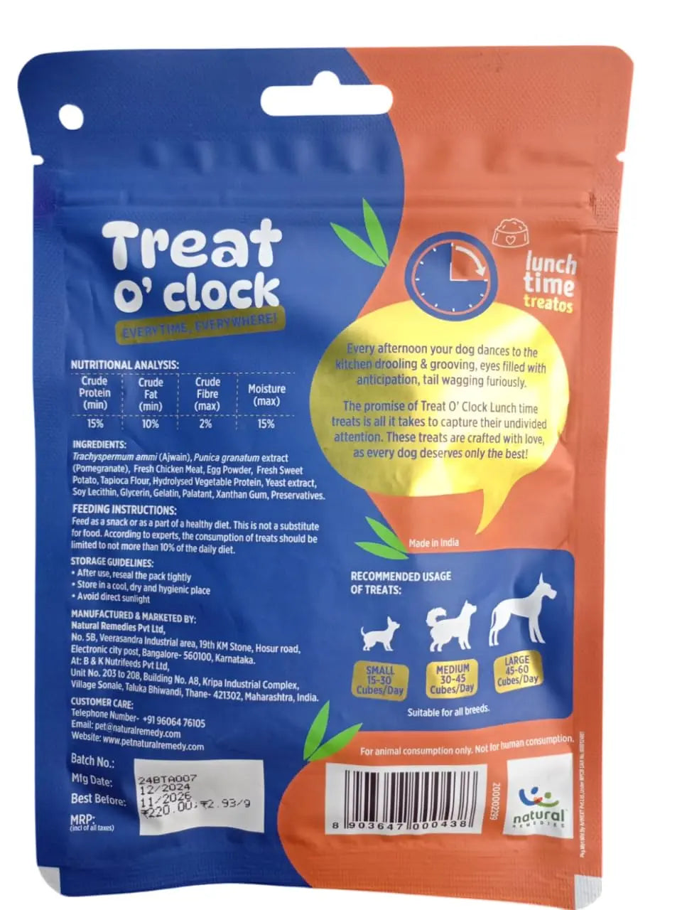 Treat O'CLOCK - Chicken & Egg Treats - Lunch Time Snack - for Dogs, Cats & Pups of All Breeds - Pack of 4 @75 g PETMATE YOUR PAW PARTNER