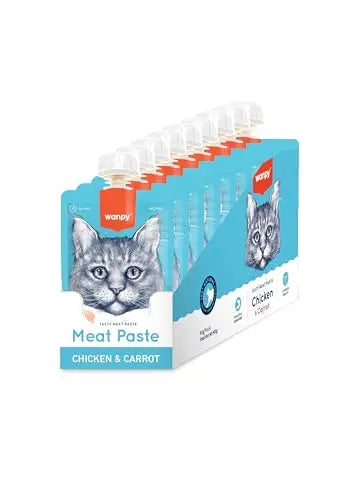 WANPY Premium Lickable Creamy Meat Paste Cat Treats with Chicken & Carrot Flavours, 90g, (Pack of 8) Wanpy